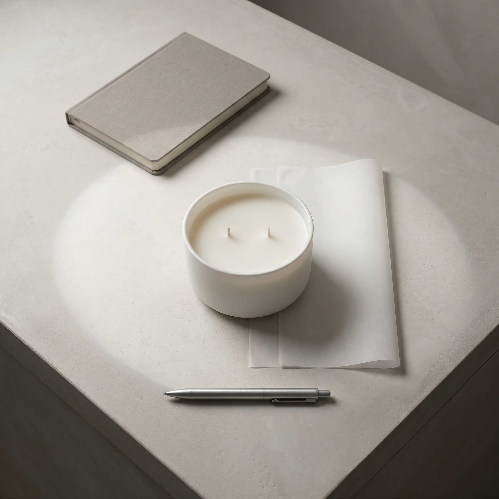 Elvra KLARITI Candle centered on pale stone with tracing paper, linen notebook, and brushed metal pen in soft daylight