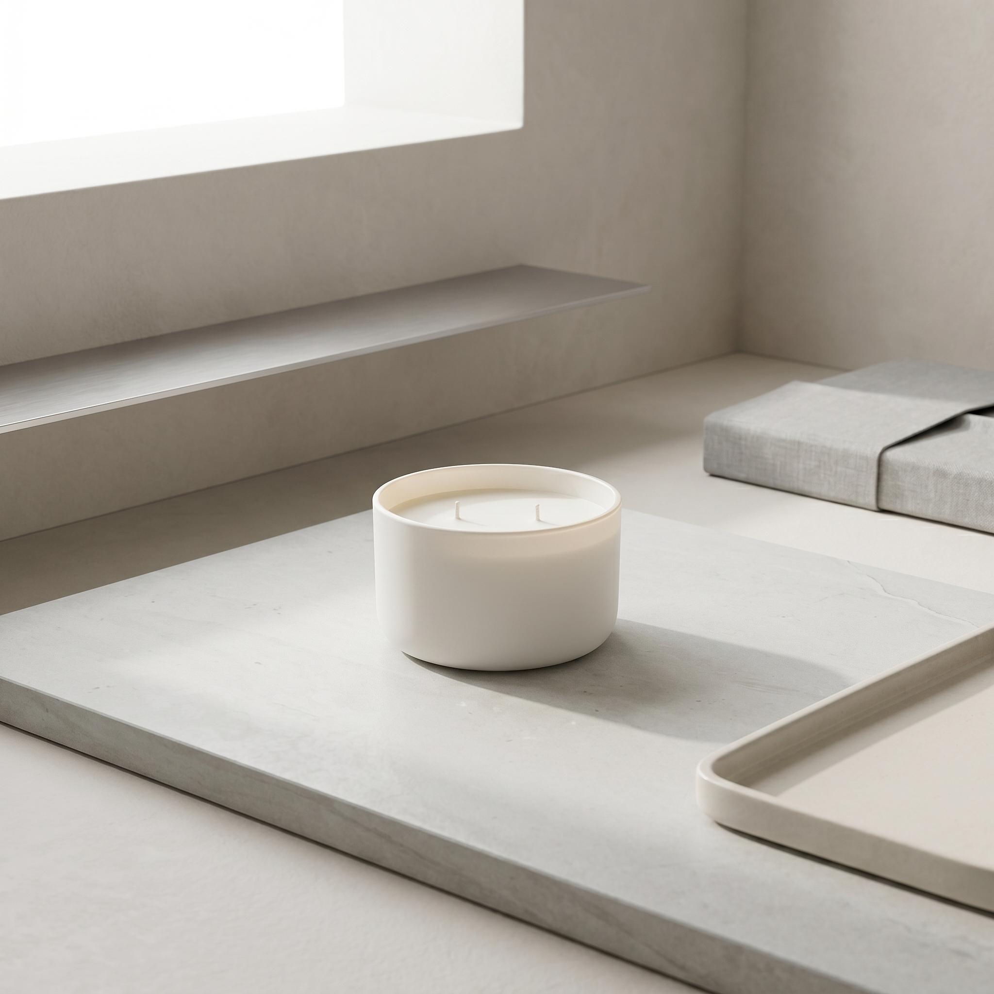 Elvra KLARITI Candle on pale stone in a serene minimal room with soft daylight and empty ceramic tray.