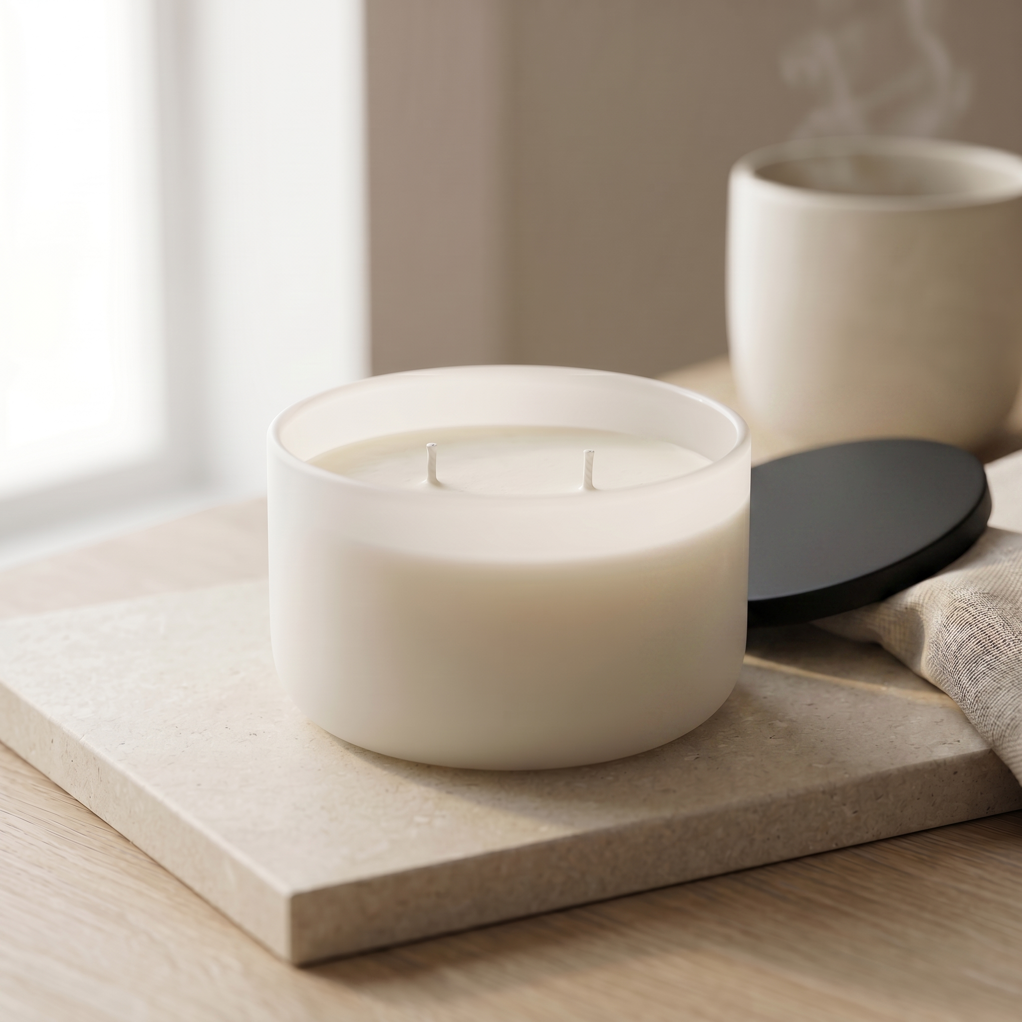 White candle in a glass container on a ceramic surface with a blurred background