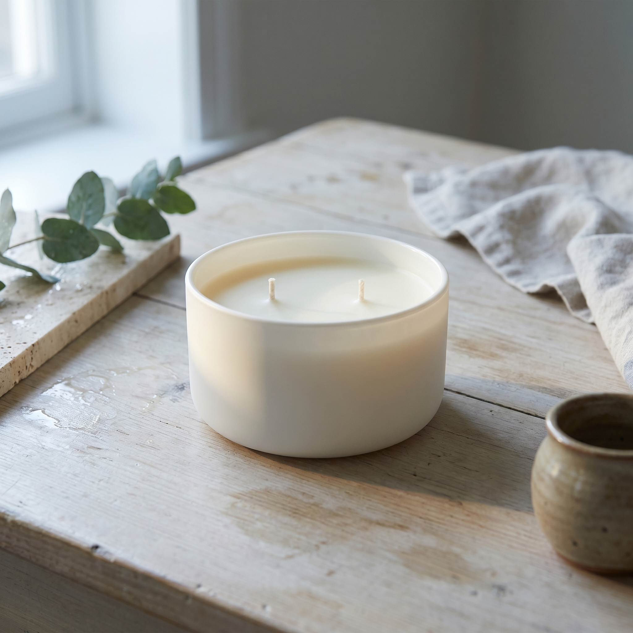 Elvra Renuelle Candle on pale wood table with soft window light, linen, stone, and blurred green stems after rain.