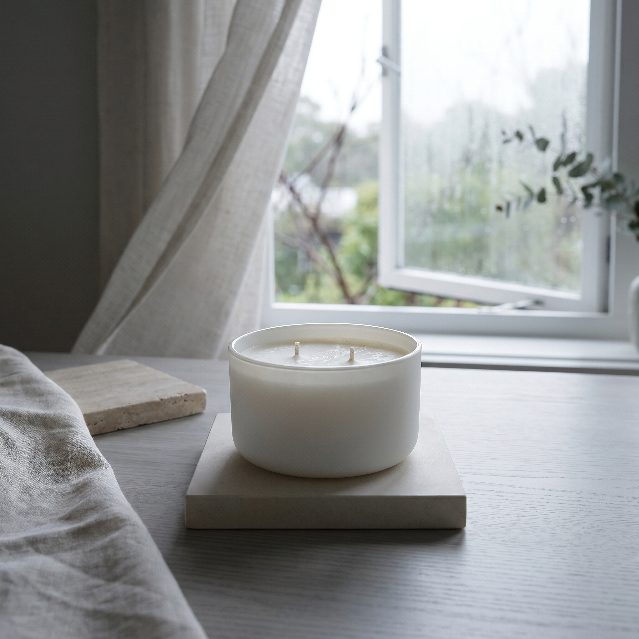 Elvra Renuelle candle on pale stone with soft daylight, linen, and a blurred rain-washed window beyond.
