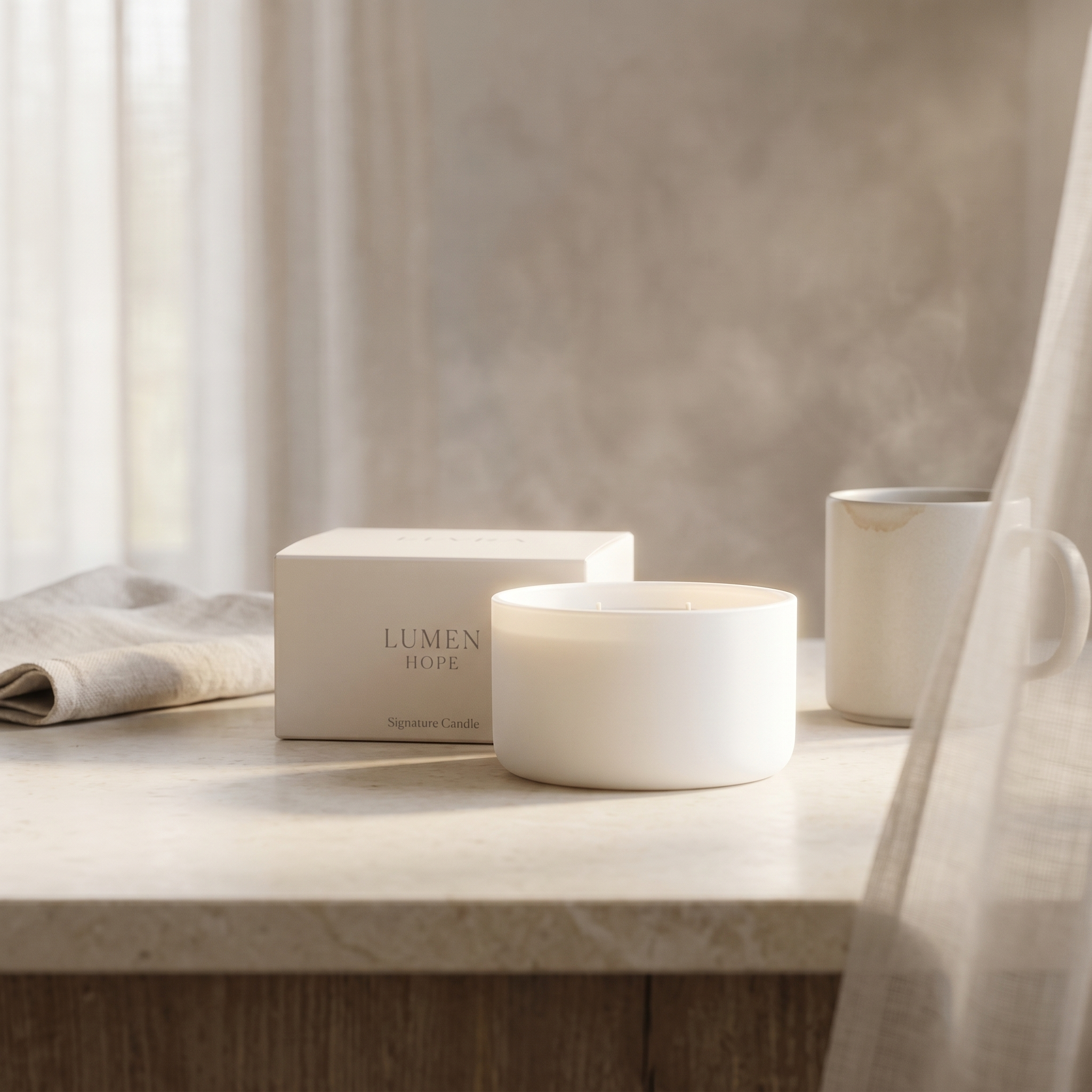 LUMEN Hope Candle and box on warm stone countertop with sheer curtains and soft morning light.