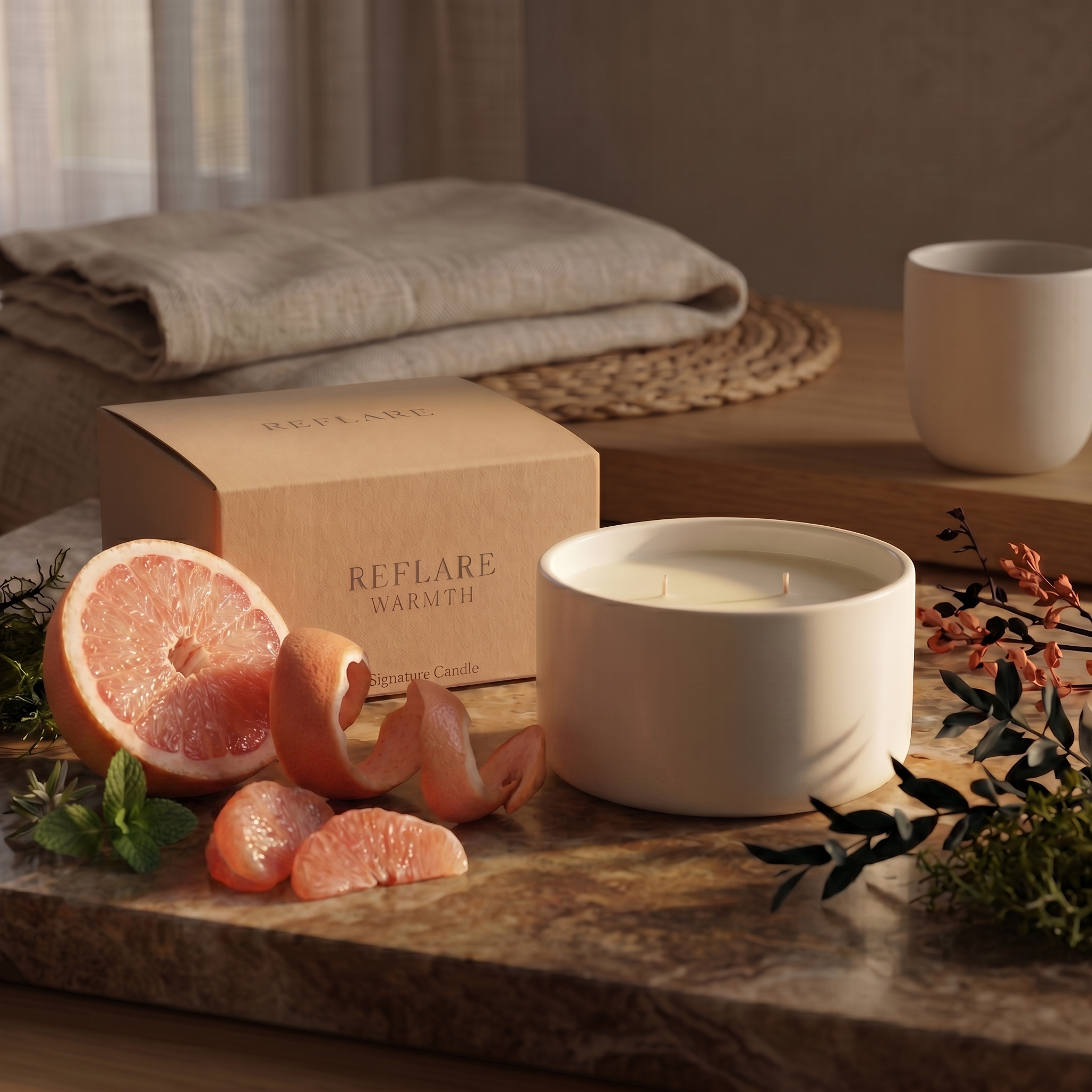 A warm lifestyle scene featuring the REFLARE™ candle beside stone and linen textures, with softly styled grapefruit garnishes replacing the oranges in the foreground.