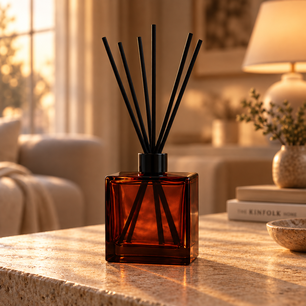 ELVRA Figné Glow reed diffuser in a square burgundy glass bottle with black reeds styled in a softly lit interior.