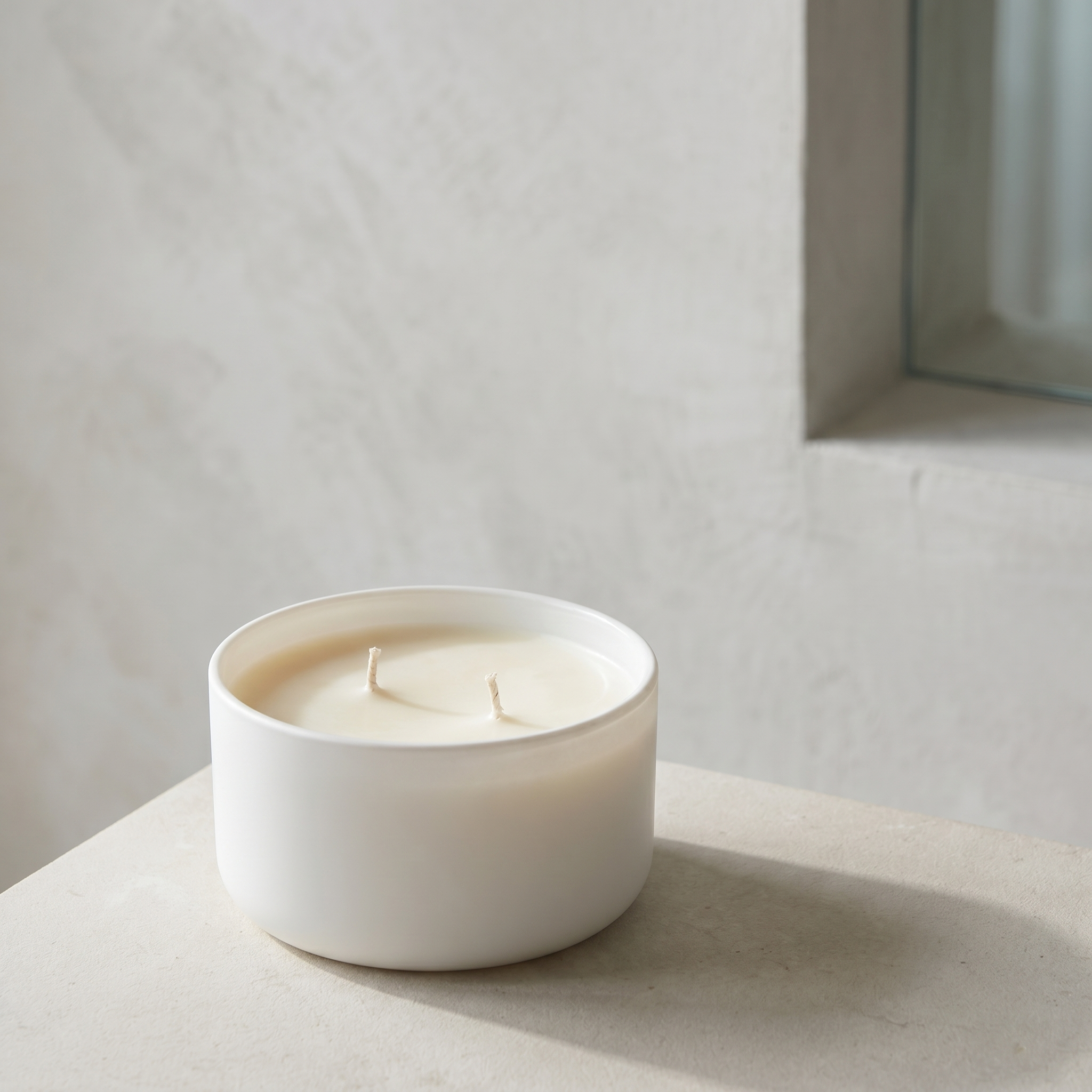 Elvra KLARITI candle on pale stone surface with soft daylight, airy negative space, and calm architectural shadows.