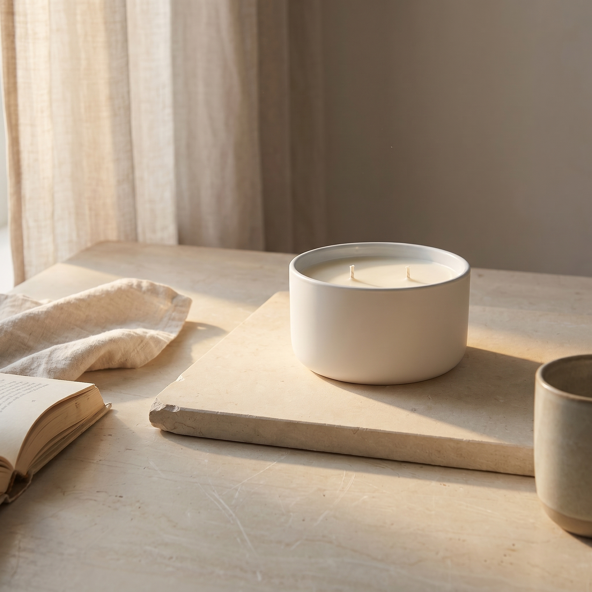 Elvra Lumen candle on a ceramic holder on a wooden surface with a book and cloth in the background