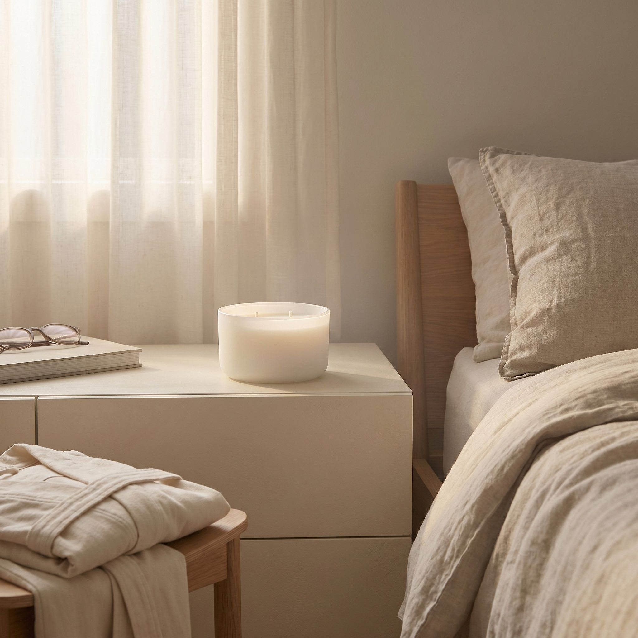 Neatly arranged bedroom with a Elvra Lumen candle, bed, nightstand, and lamp.