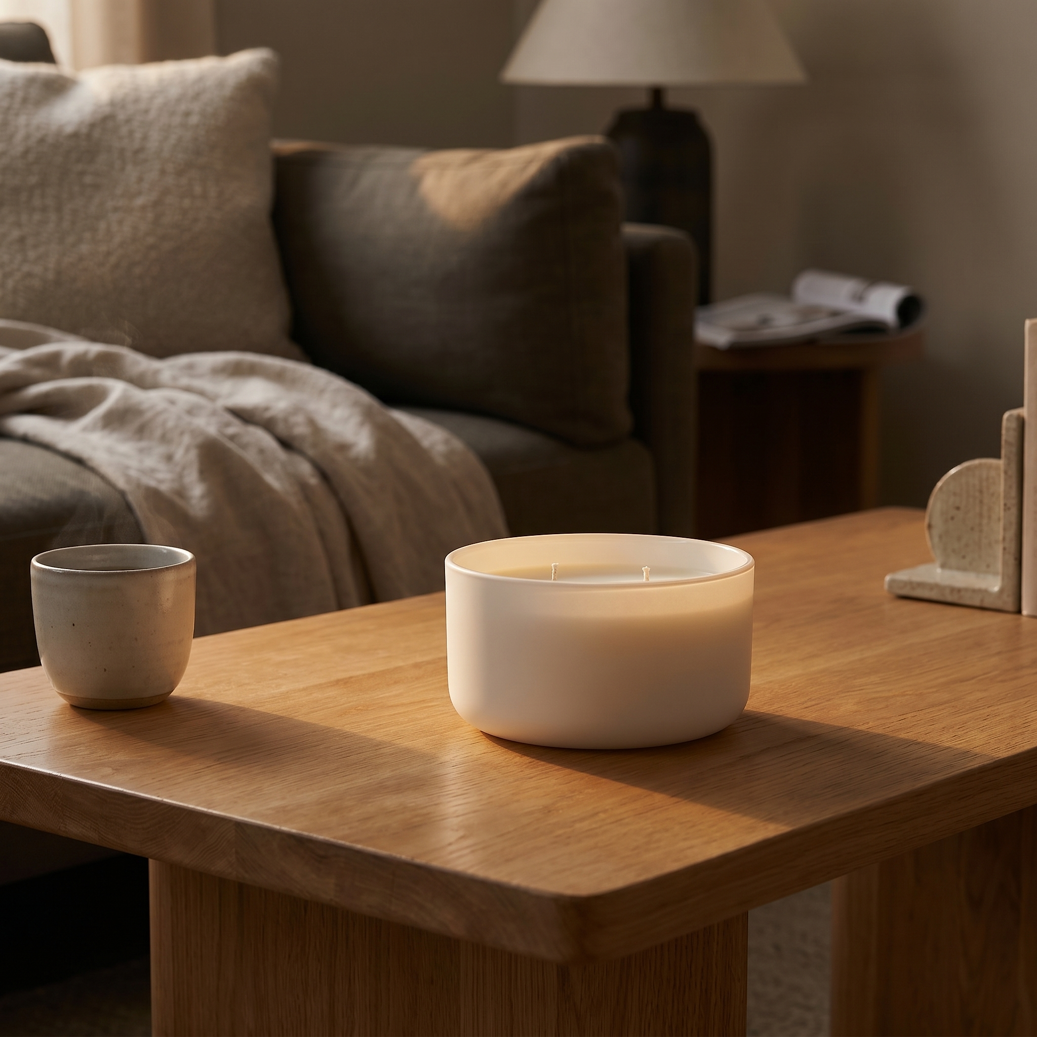 Elvra Reflare candle on a wooden coffee table, styled beside a ceramic cup in warm, softly lit living room tones.