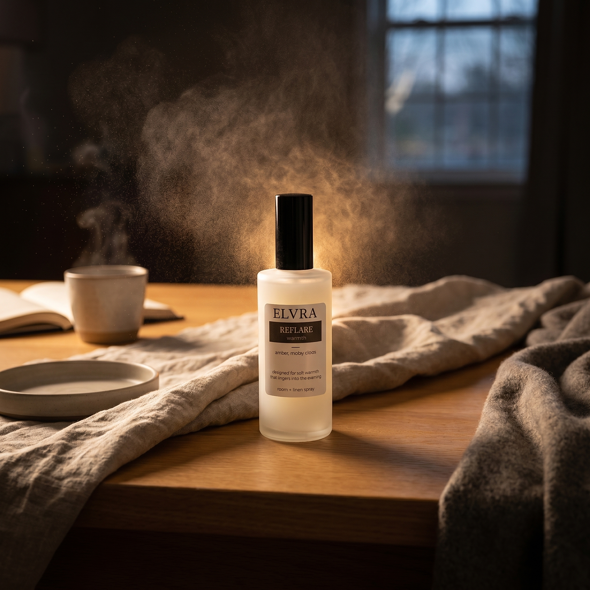 Frosted ELVRA Reflare Atmosphere mist on warm stone with linen, ceramic accents, and amber evening light.