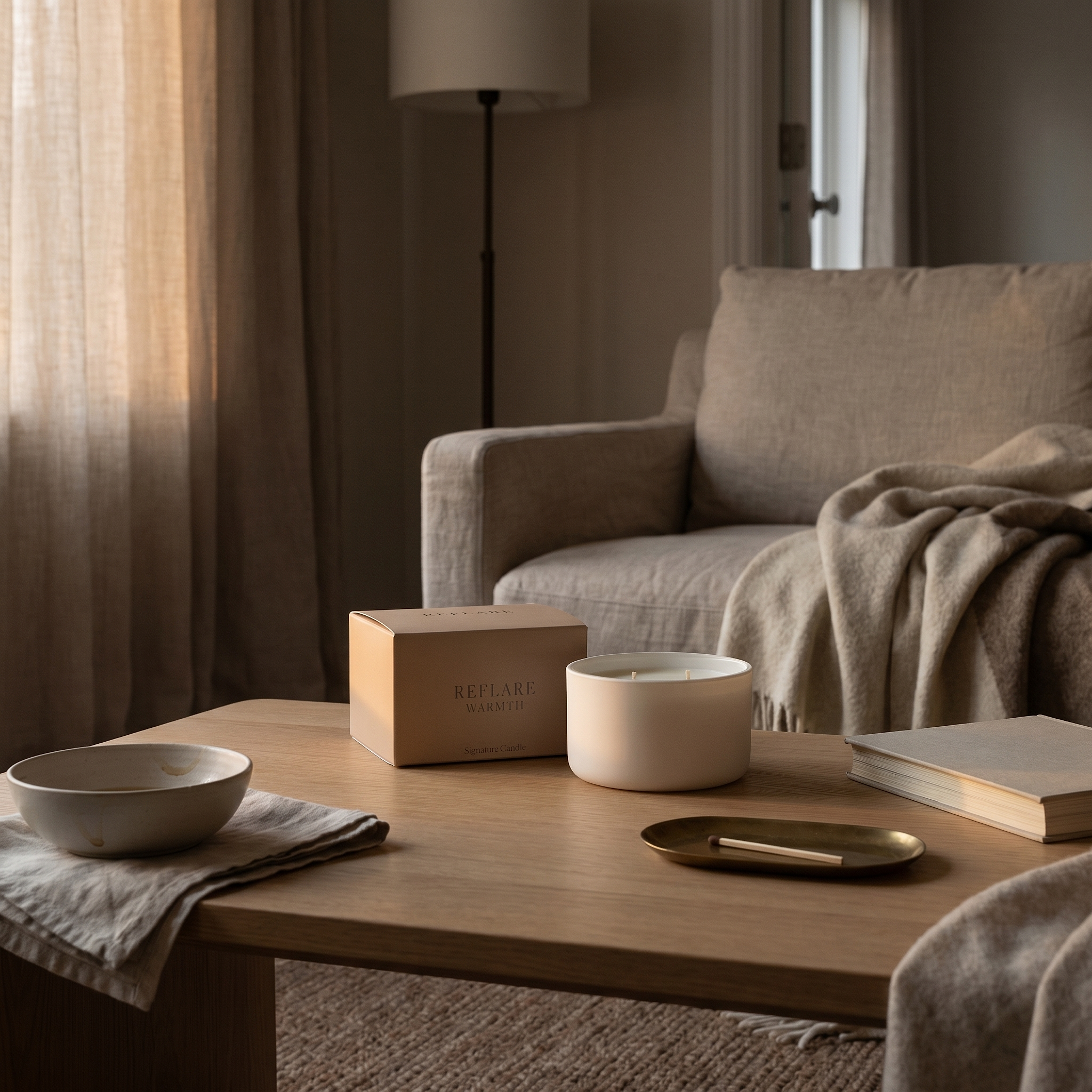 Elvre REFLARE Candle and box on an oak side table with linen textiles, brass tray, book, and soft dusk light.
