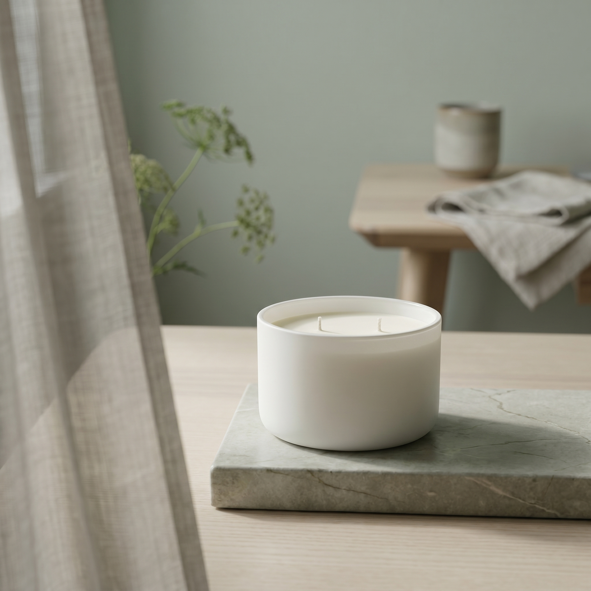 Elvra RENUELLE candle on weathered stone with soft daylight, pale wood, green wall, and drifting linen curtain.