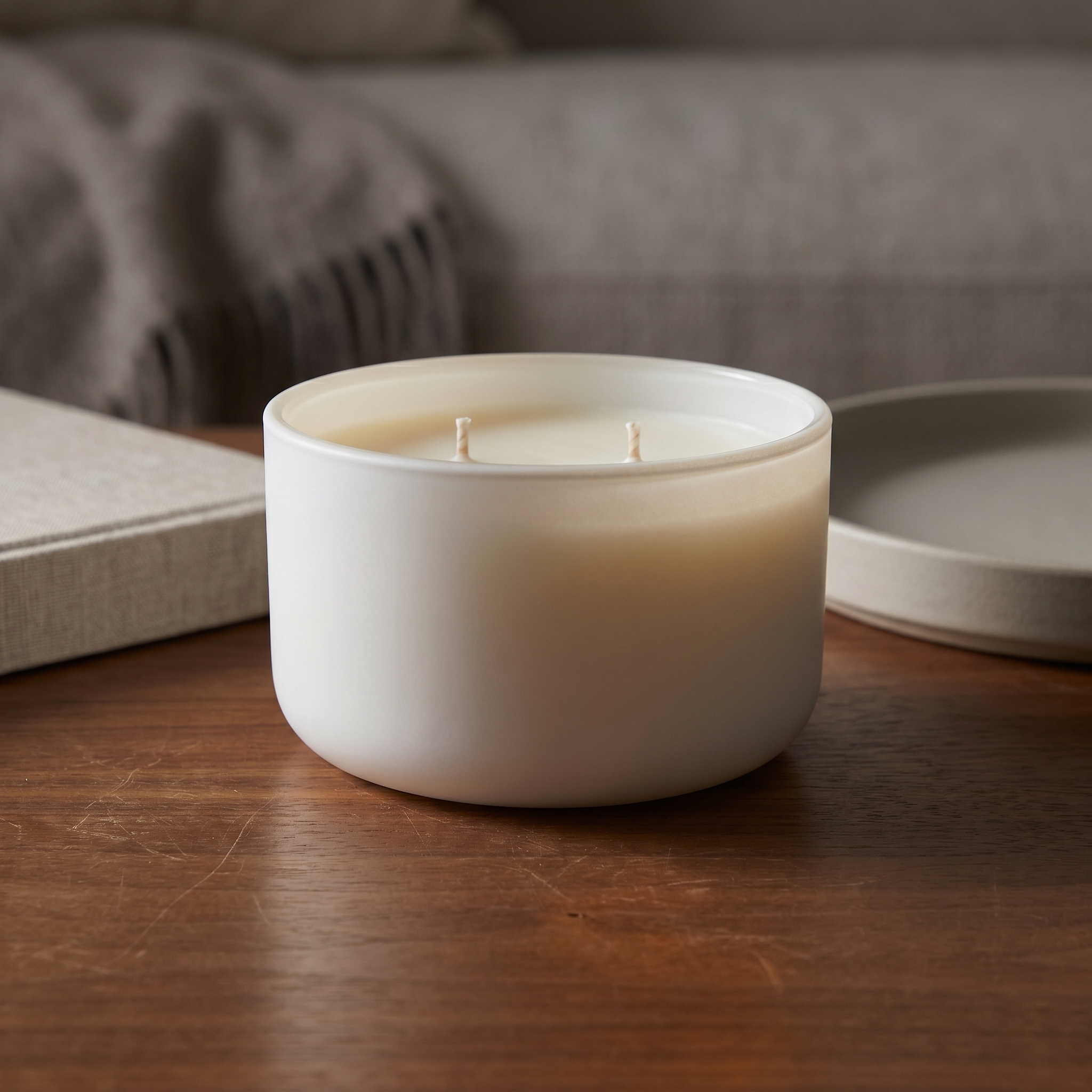 Elvra Reveri stillness candle on warm walnut wood with soft dusk light and blurred taupe domestic accents.