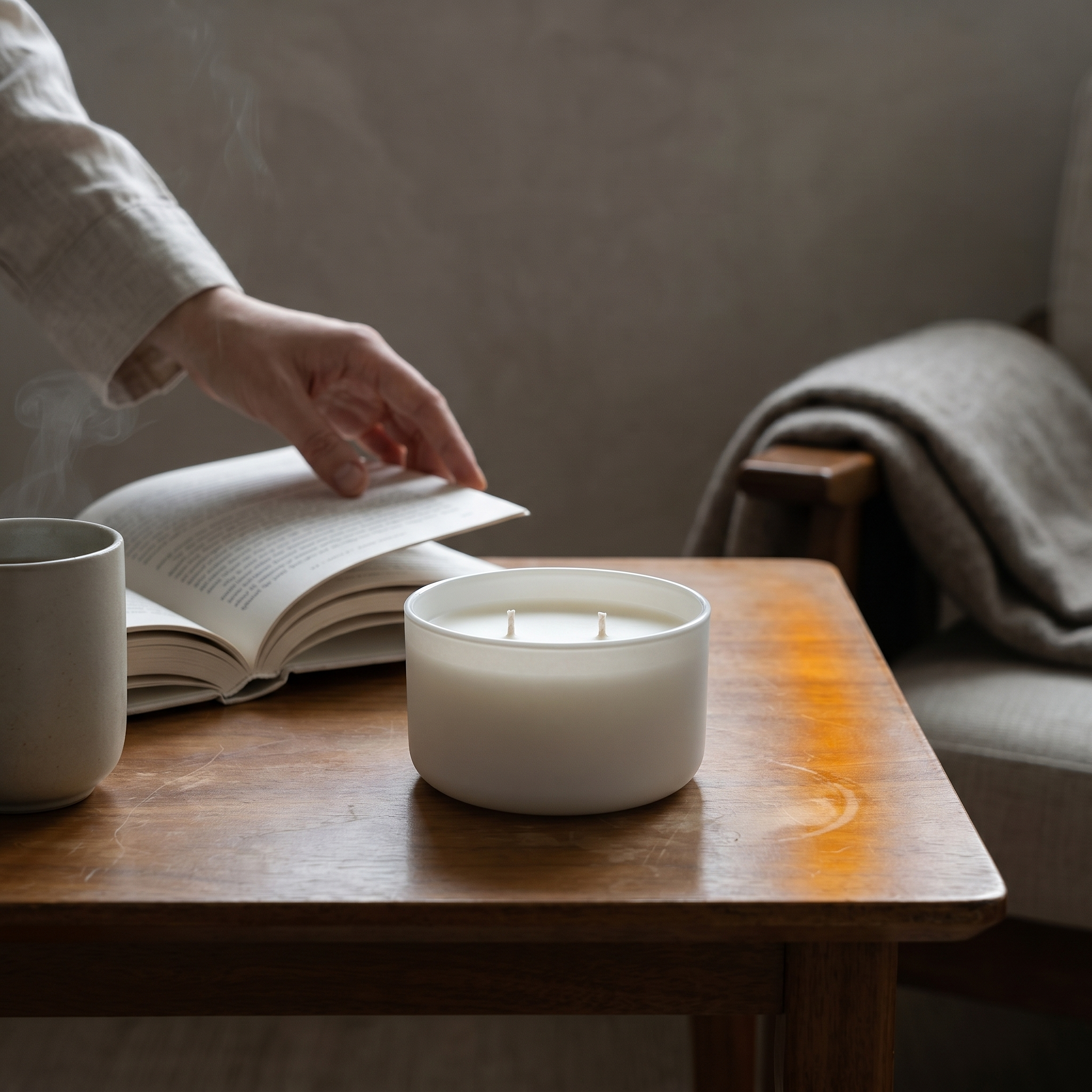 Elvra Reveri two-wick candle on a worn walnut table with an open book, soft dusk light, and quiet lived-in details.