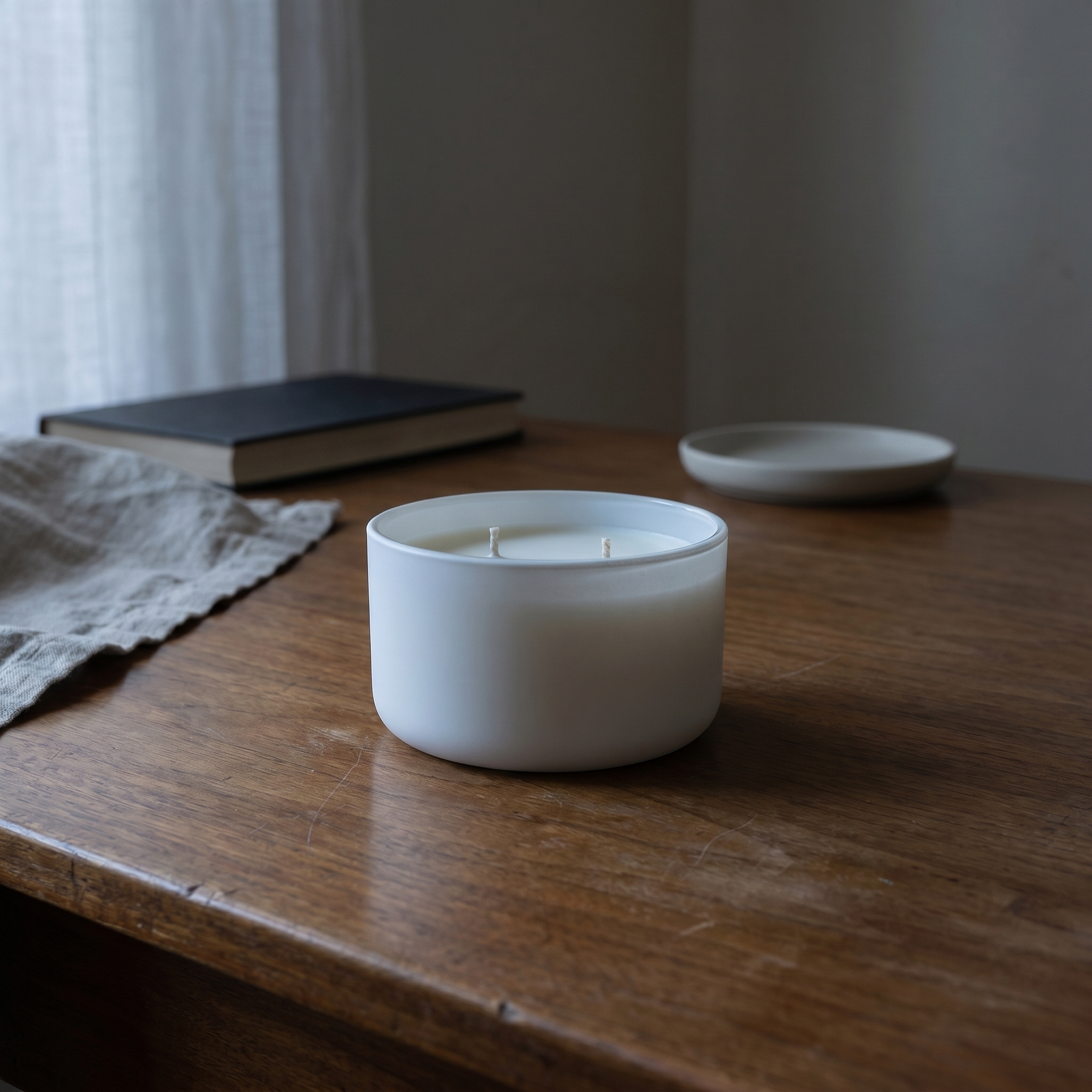Elvra REVERI stillness candle on a worn walnut desk with linen, a book, and soft dusk shadows.