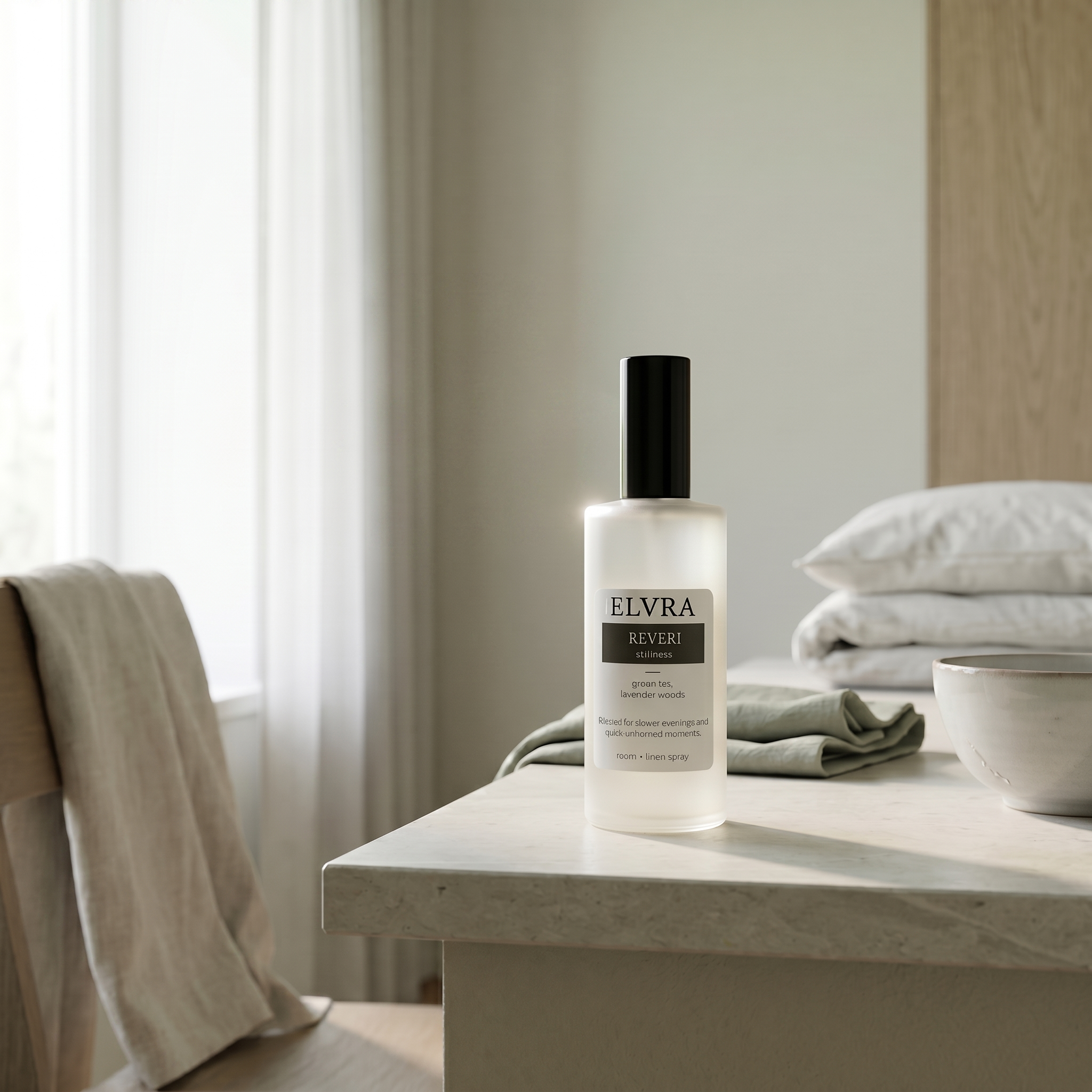Frosted REVERI room and linen mist bottle centered on a stone tabletop in a softly lit bedroom, surrounded by linen, pillows, and muted textiles in a calm, editorial scene.