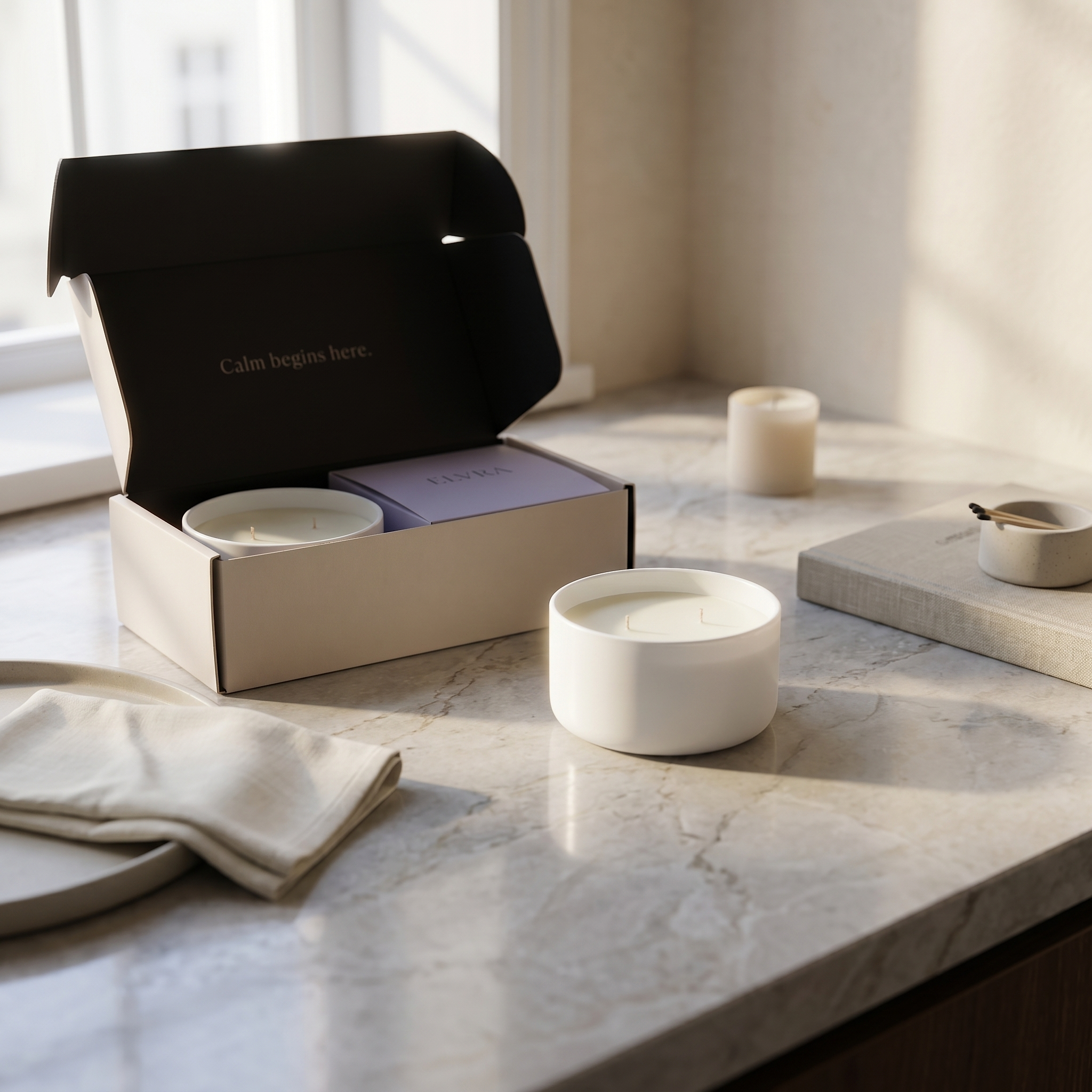 Luxury duo candles on stone countertop with open packaging, linen accents, and soft morning window light.