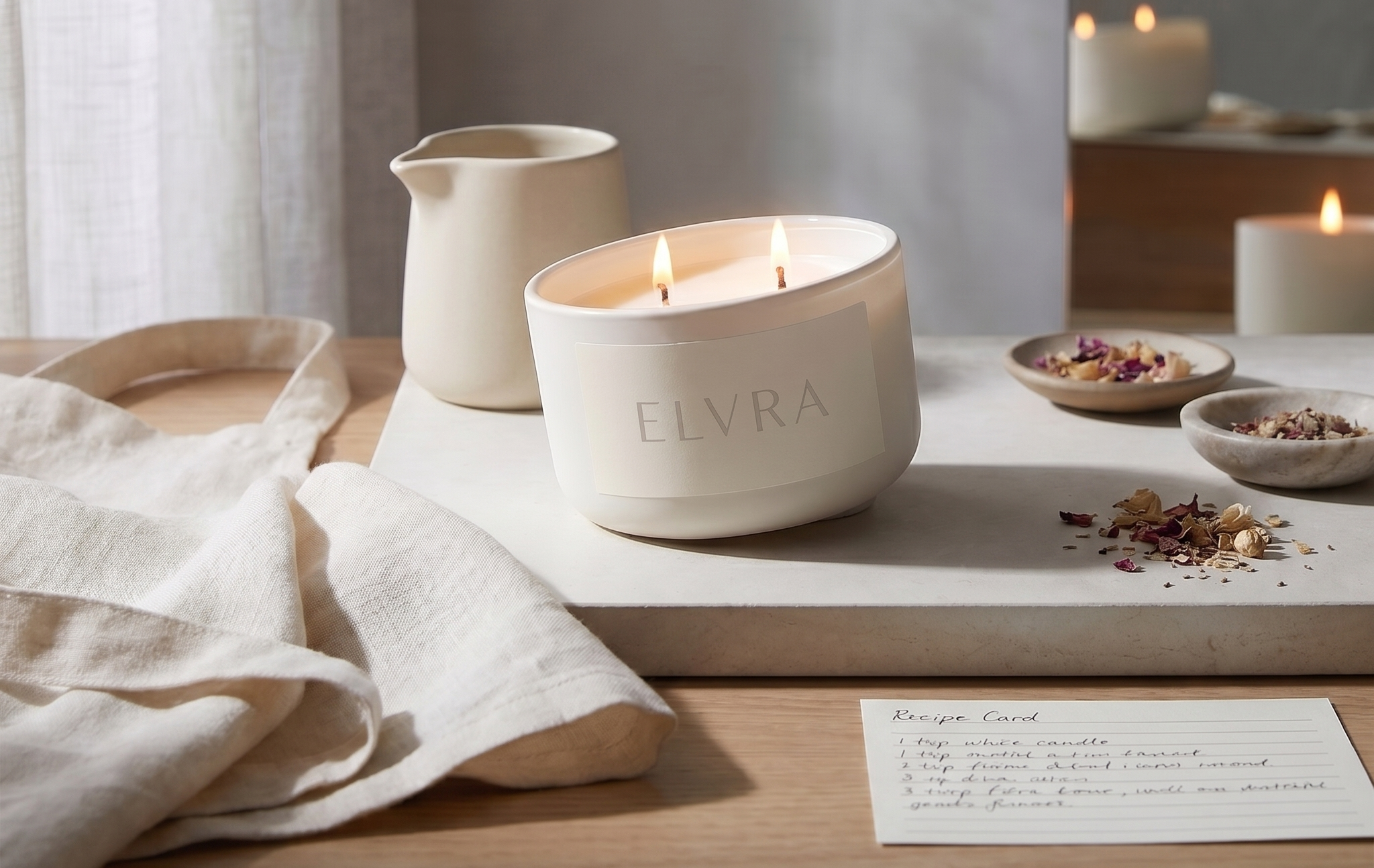 Candle with 'ELVRA' branding on a wooden surface with a neutral background