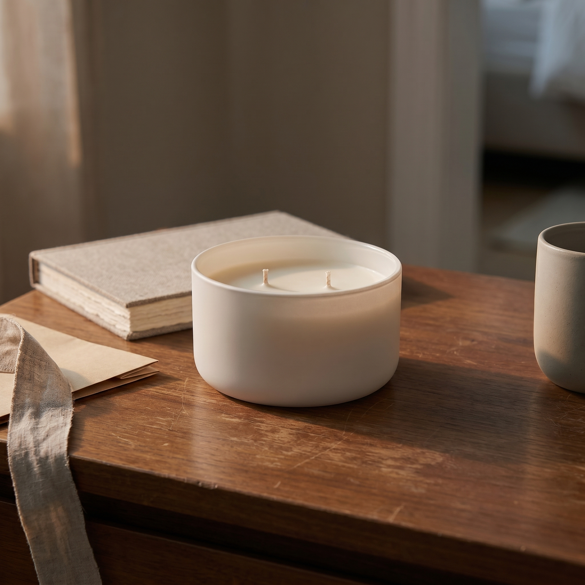 REVERI Stillness Candle on warm walnut desk with book, linen, and soft dusk light in a hushed corner.