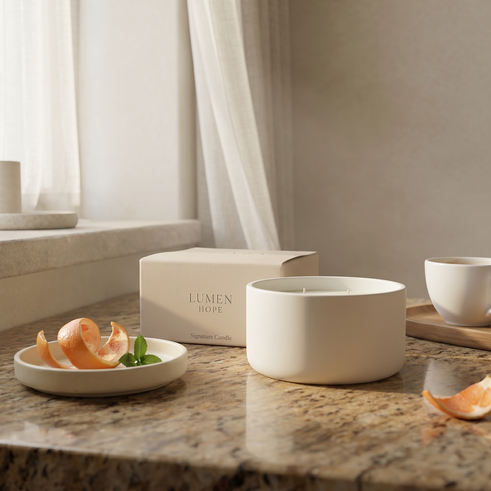 LUMEN Hope Candle and box on warm stone with soft morning light, mint, grapefruit rind, and sheer curtains.
